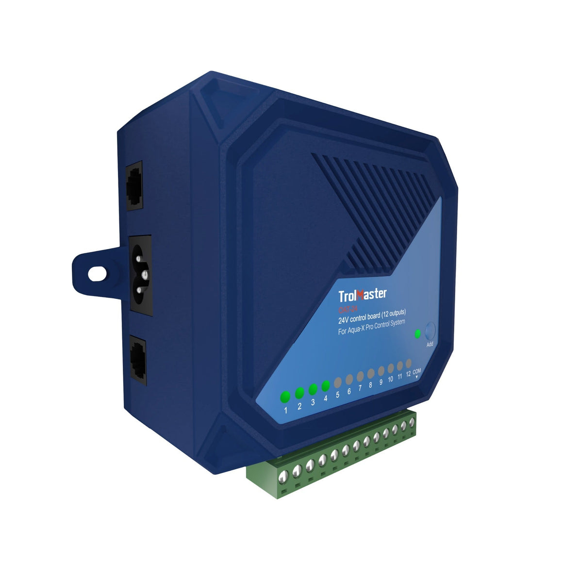 Blue TrolMaster OAT-24 24V control board for Aqua-X Pro with 12 outputs and status LEDs.