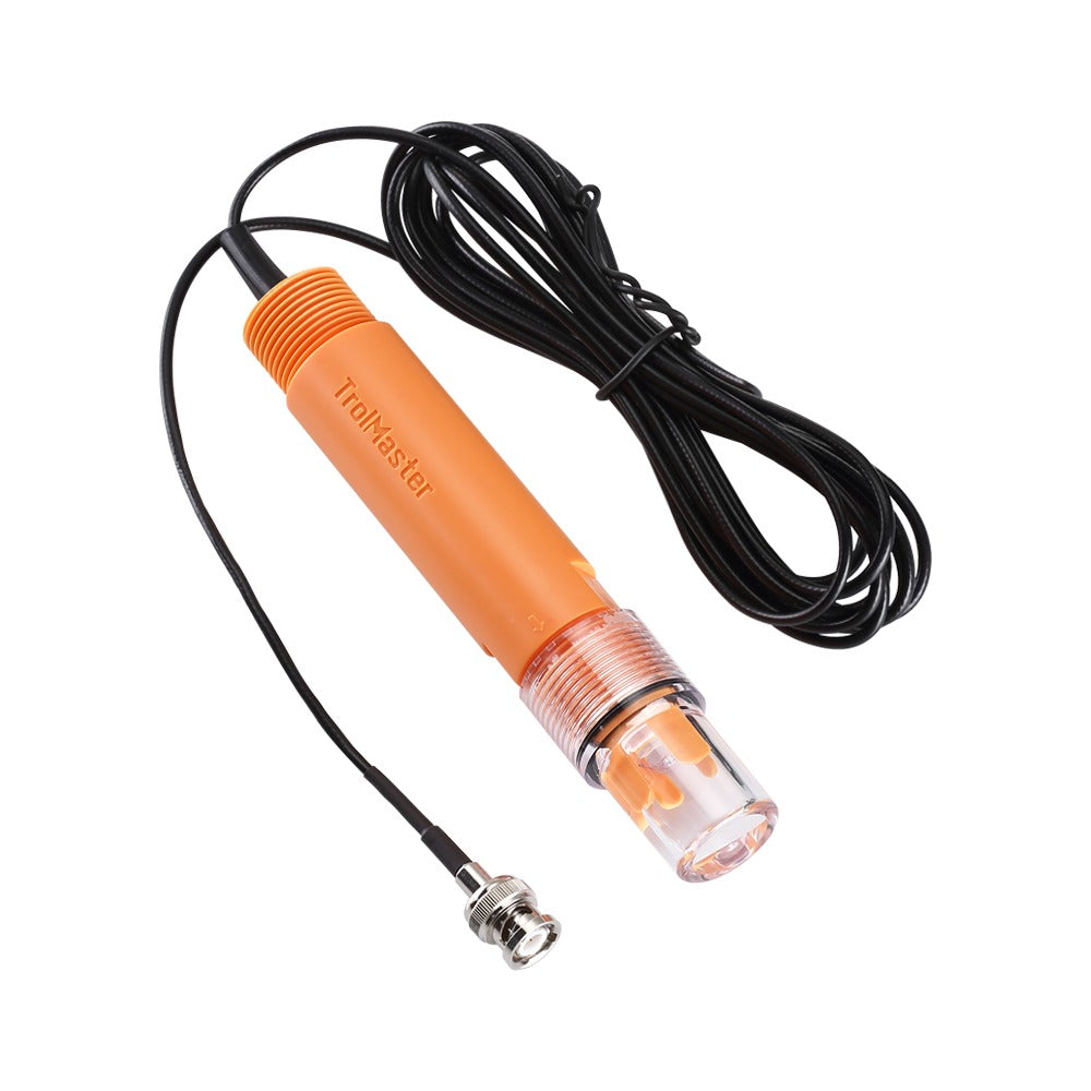 Orange pH probe with clear tip, black cord, and BNC connector, labeled "TrolMaster".