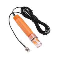 Orange pH probe with clear tip, black cord, and BNC connector, labeled 