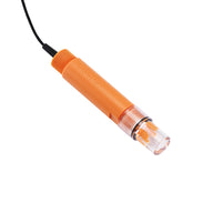 Orange TrollMaster pH sensor with clear plastic tip and black cable on a white background.