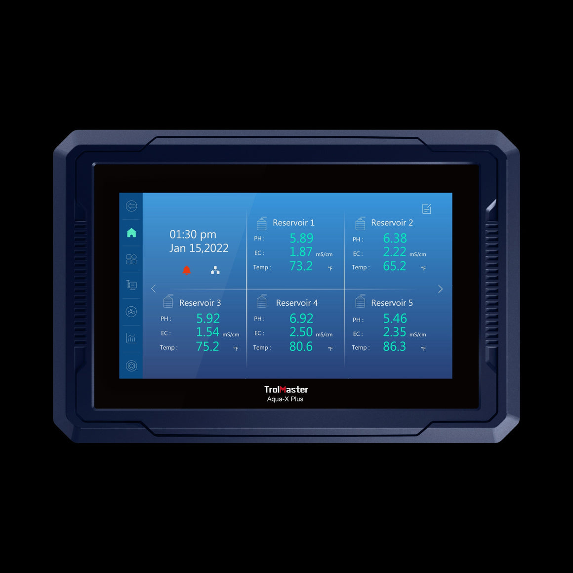 TrolMaster Aqua-X Plus touchscreen display showing reservoir data and environmental controls.