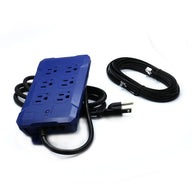 Blue TrolMaster OA6-110 environmental controller with power strip, cable, and plug on white background.