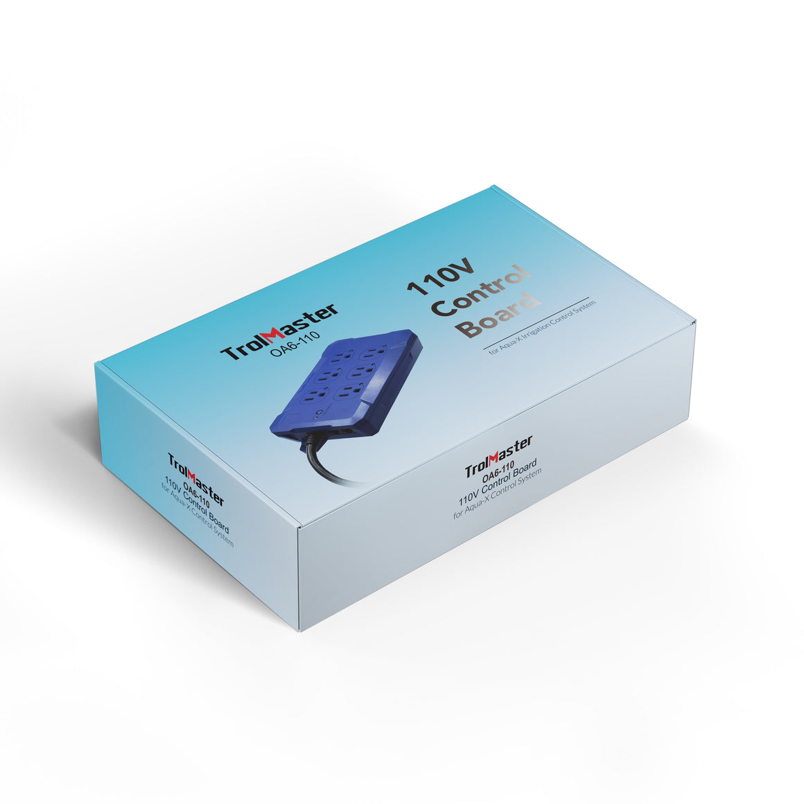A light blue box with "TrolMaster 110V Control Board OA6-110" printed on it. A blue control unit is visible on the box.