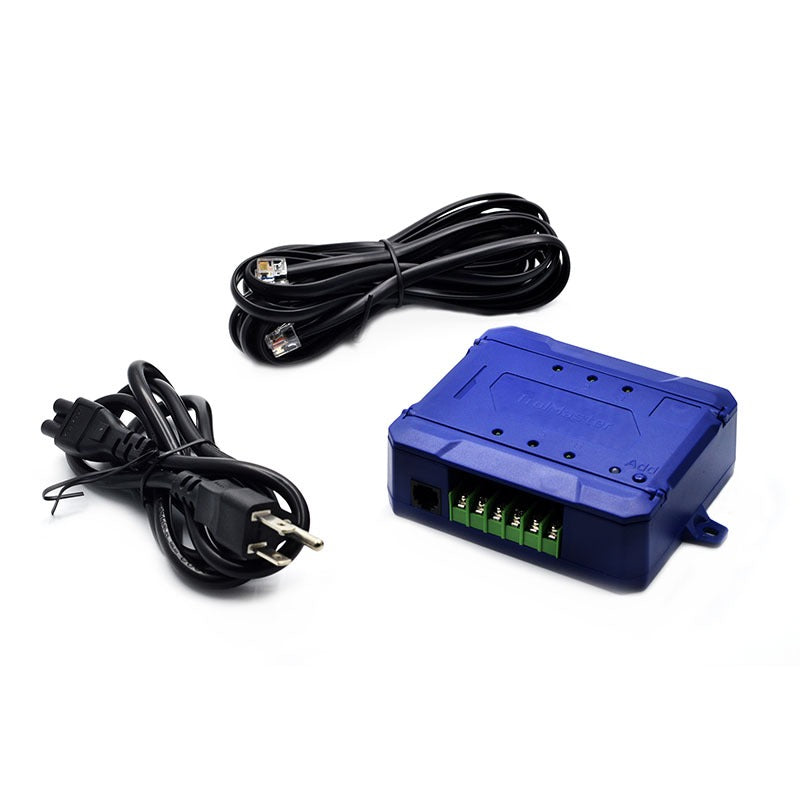 TrolMaster OA6-24 environmental control unit with power adapter and network cable on a white background.