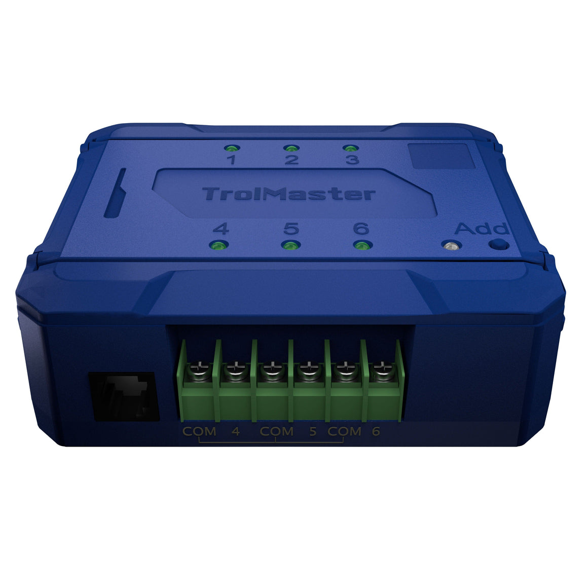 Blue TrolMaster OA6-24 environmental control device with 6 screw terminals and RJ45 port.