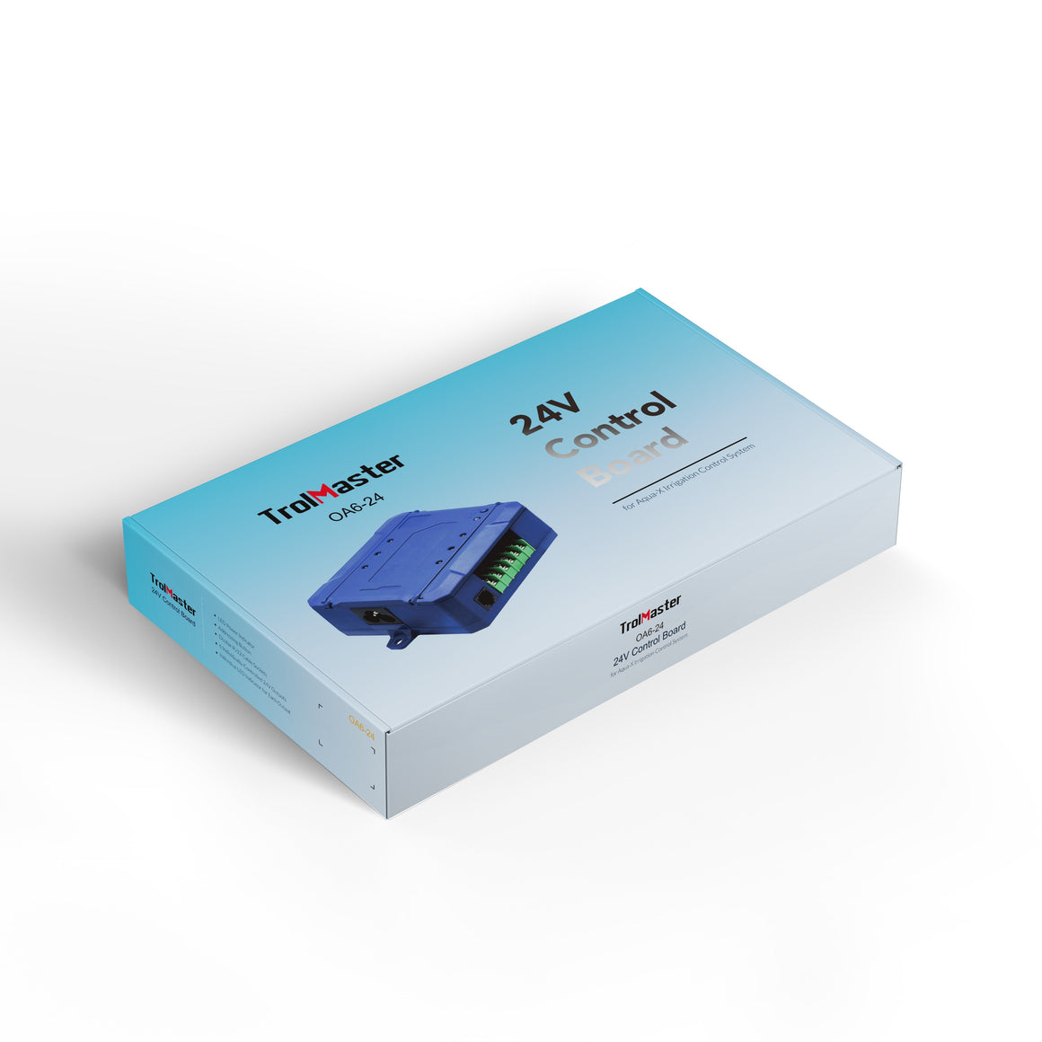 TrolMaster OA6-24 24V Control Board for Aqua-X Irrigation Control System on a blue gradient box.