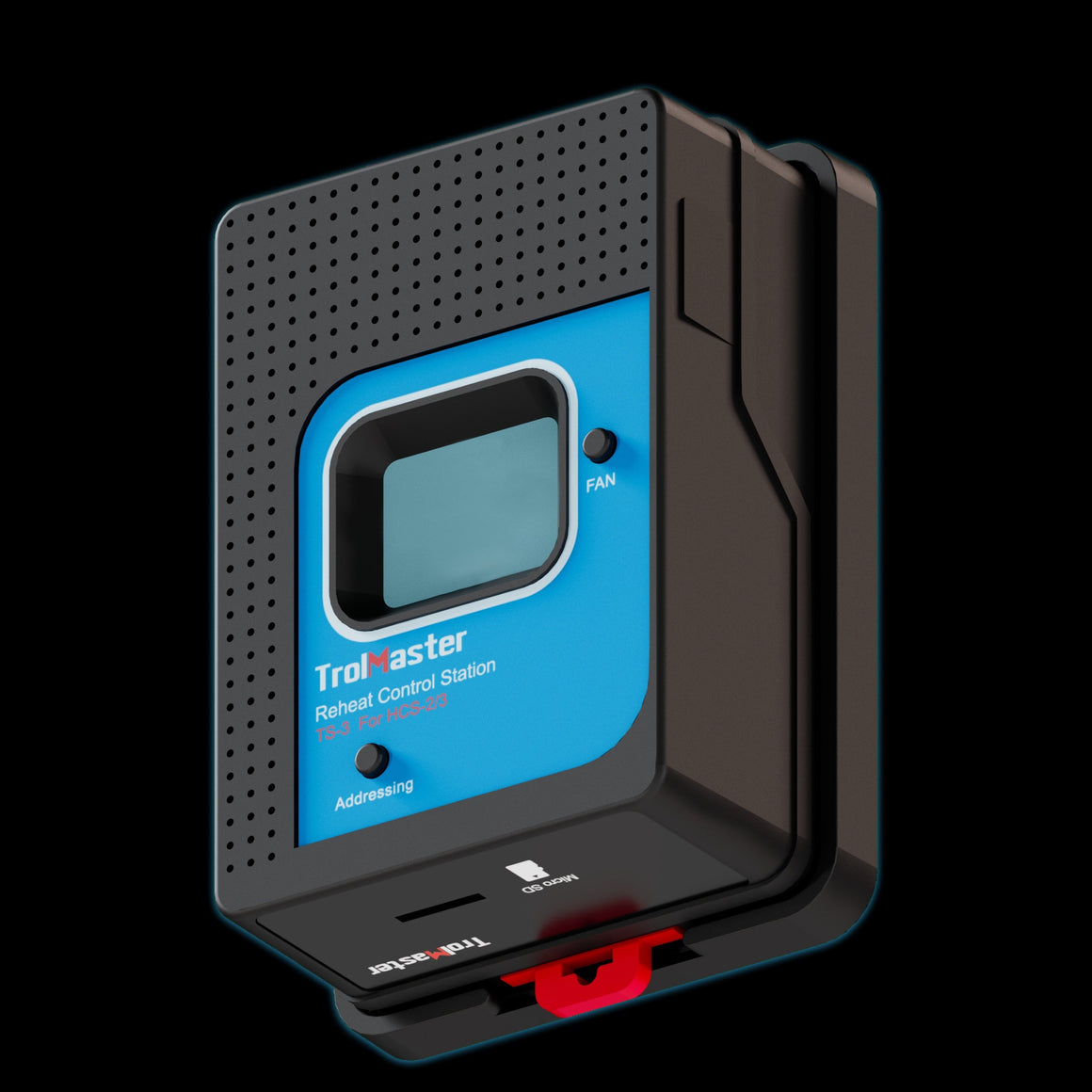 TrolMaster TS-3 Reheat Control Station with blue display and Micro SD slot.