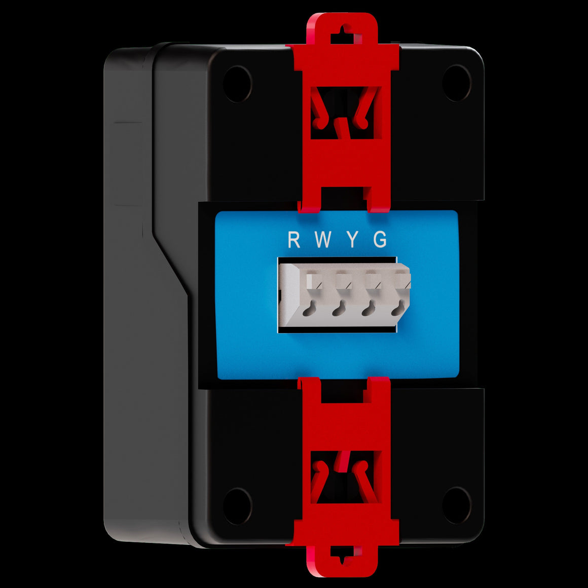 Black environmental control unit with red clips and blue faceplate labeled "RWYG".