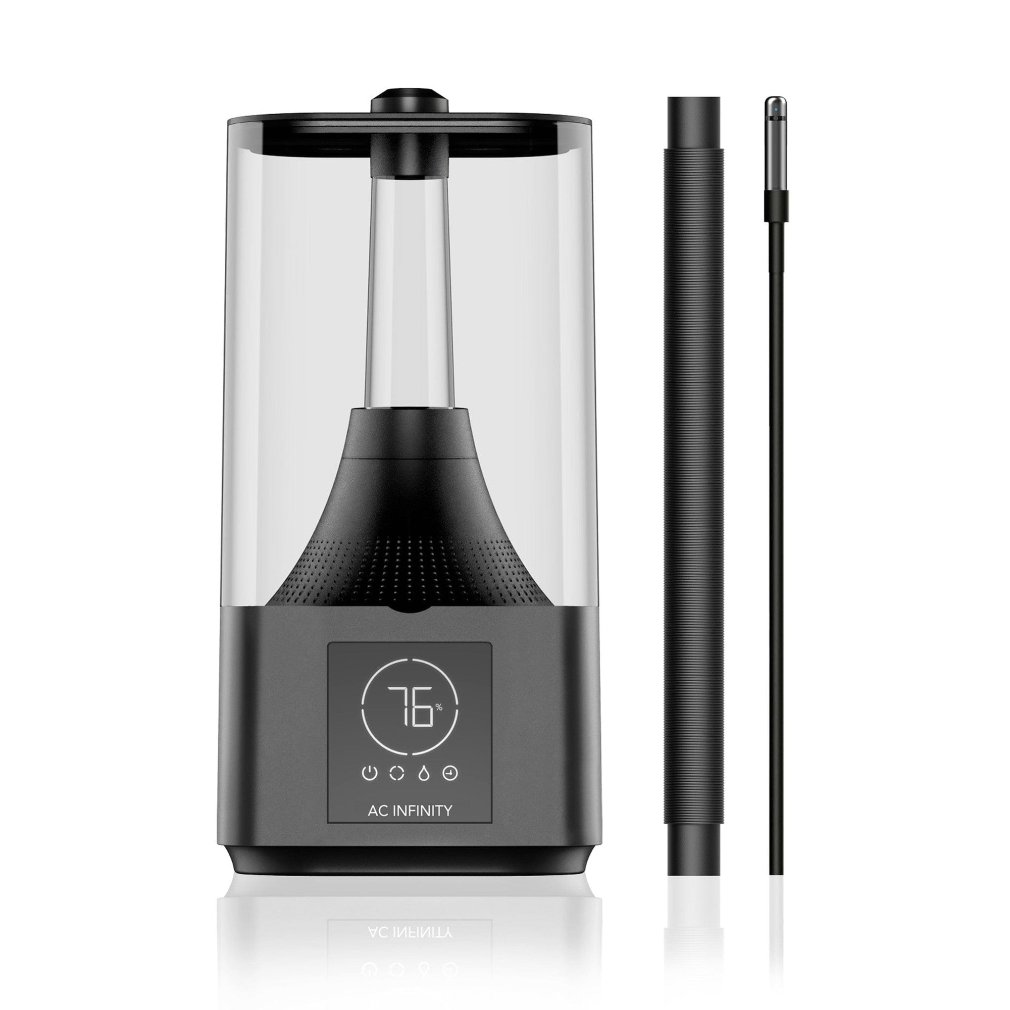 AC Infinity Cloudforge T3 plant humidifier, black and clear, with digital 76% display, plus ribbed hose and sensor probe.