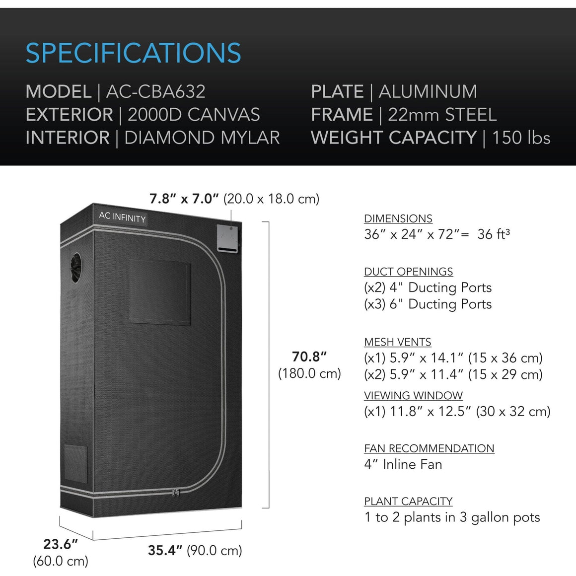 AC Infinity CloudLab 632 grow tent specs: 36"x24"x72", 2000D canvas, aluminum frame, 150 lbs capacity.