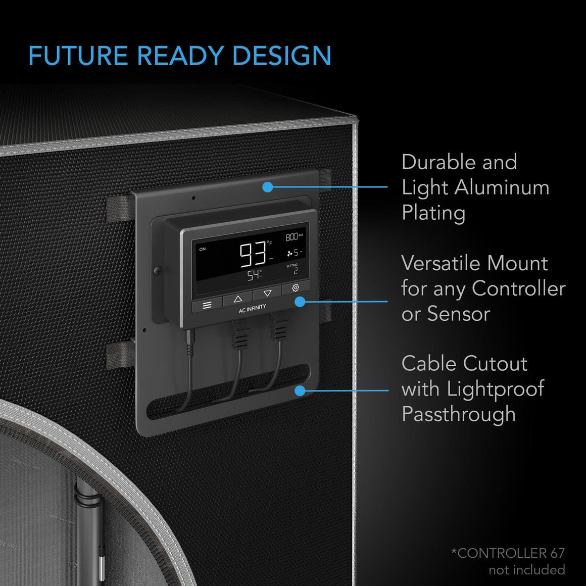 AC Infinity grow tent interior showing a mounted controller displaying temperature and humidity.