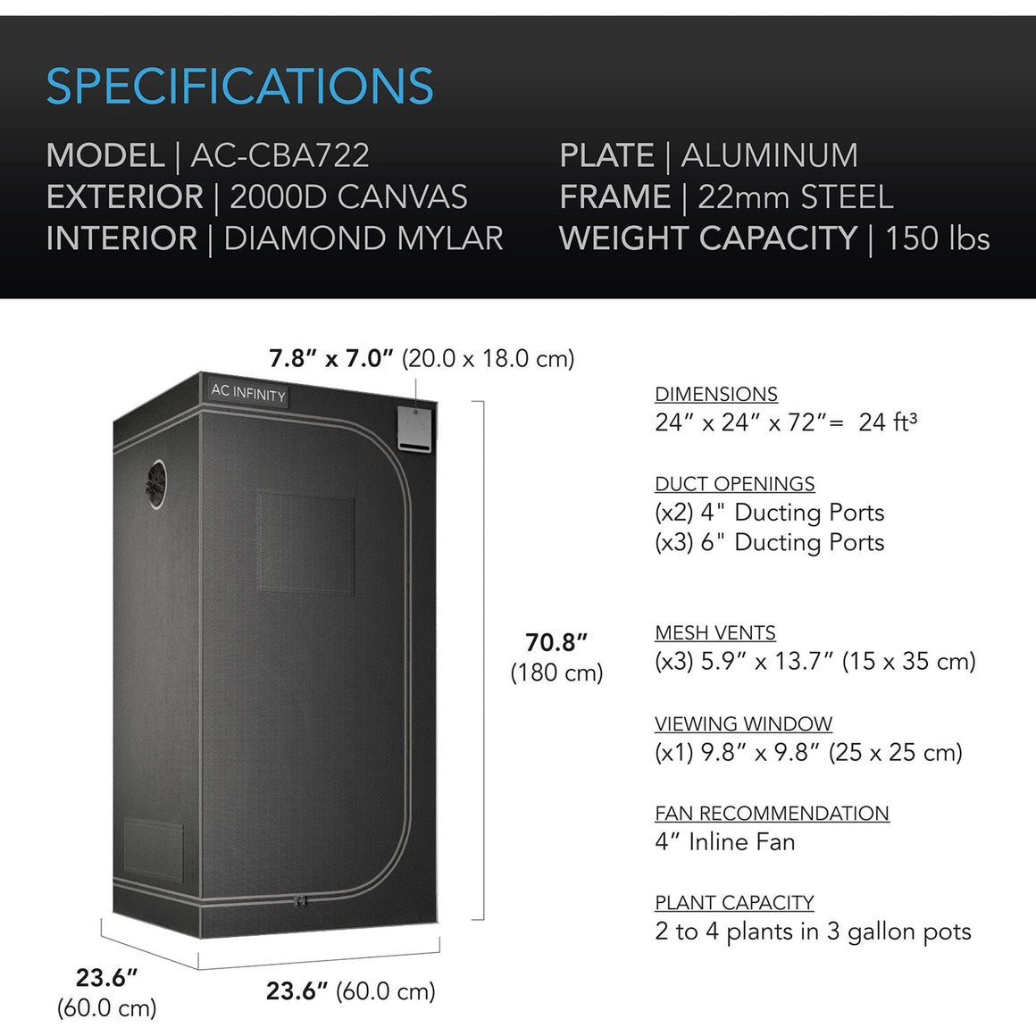 AC Infinity CloudLab 722 grow tent specs: 2'x2'x6', 2000D canvas, aluminum frame, 150 lbs capacity.
