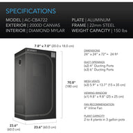 AC Infinity CloudLab 722 grow tent specs: 2'x2'x6', 2000D canvas, aluminum frame, 150 lbs capacity.
