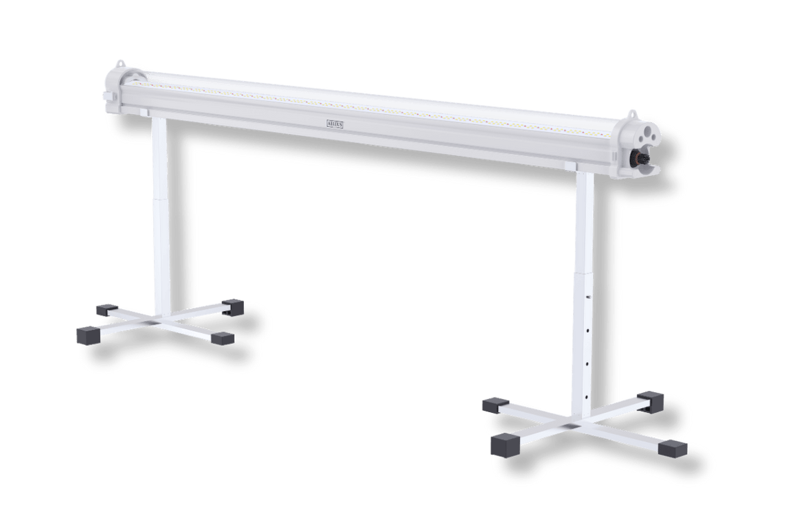 Aelius 120W LED grow light with XR or REDD spectrum on stands.