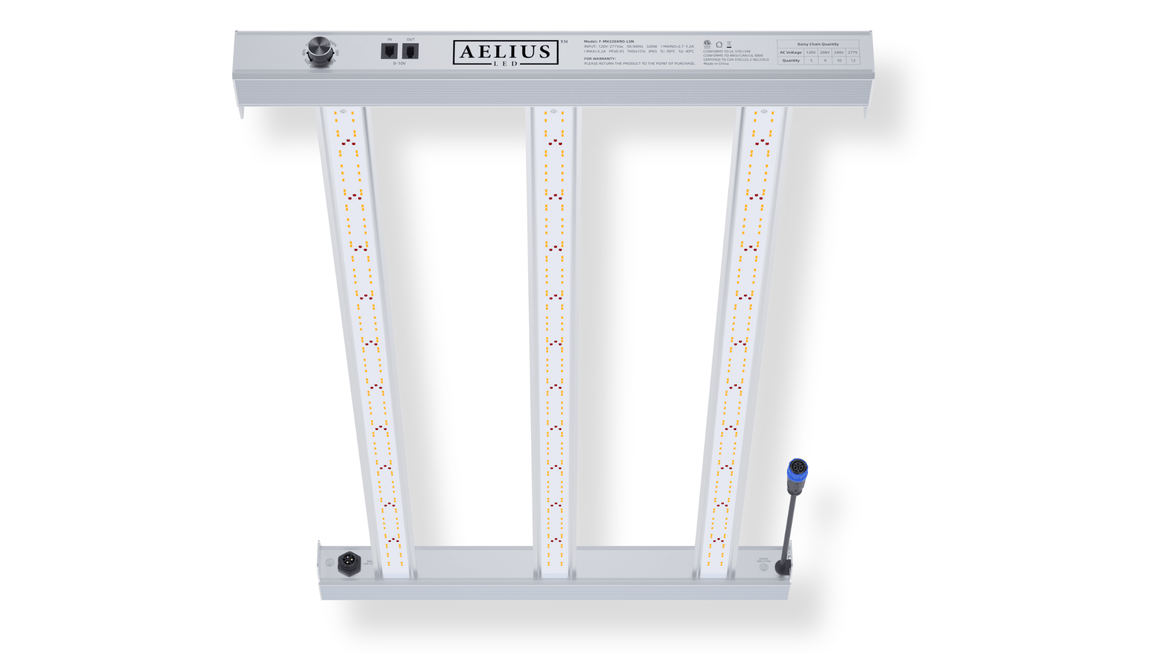 Aelius LED Matrix 320 Lite LED grow light with four white bars and red/yellow diodes, silver frame, dimmer knob, and blue connector.