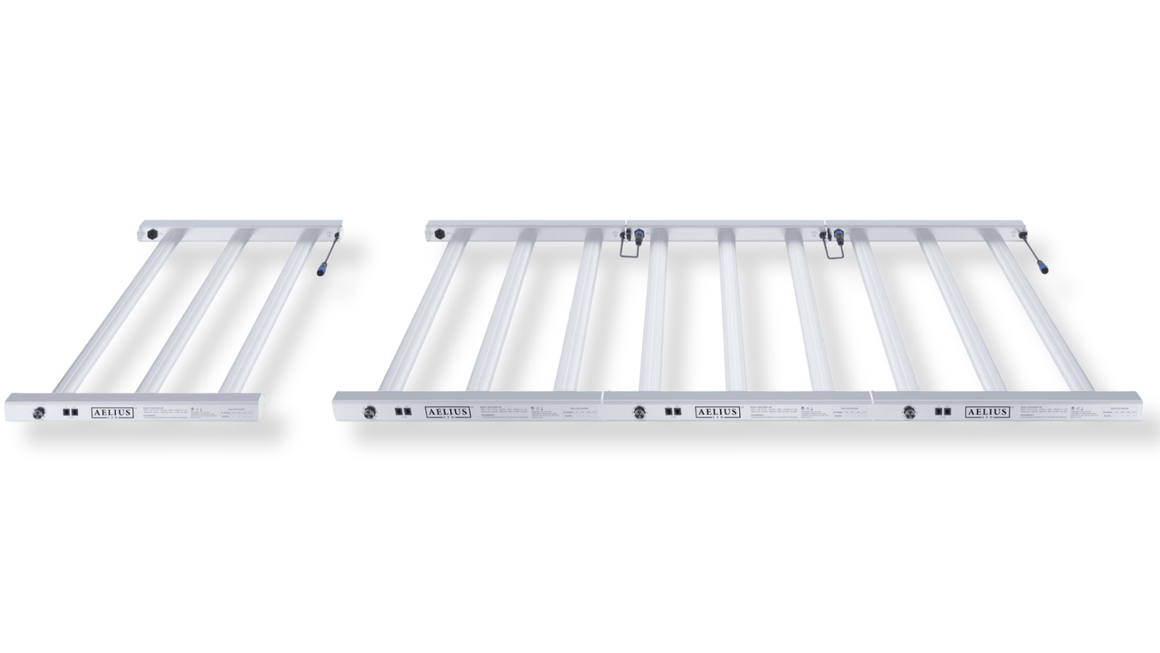 Two Aelius LED grow lights, one shorter than the other, display their white frames and bars against a white background.