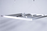 Aelius LED grow light with a silver driver box and white frame hanging from thin wires.