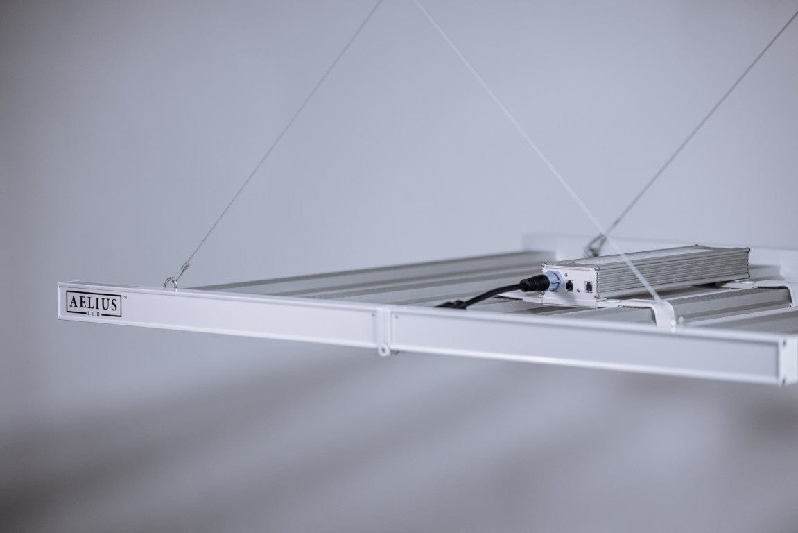 Aelius LED grow light suspended by wires against a gray background.