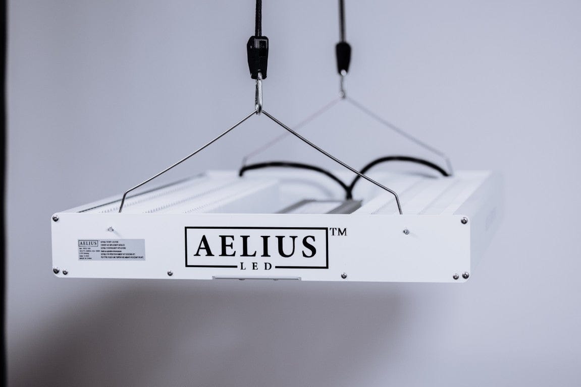 Aelius LED grow light with full spectrum lighting, suspended by wires against a gray background.