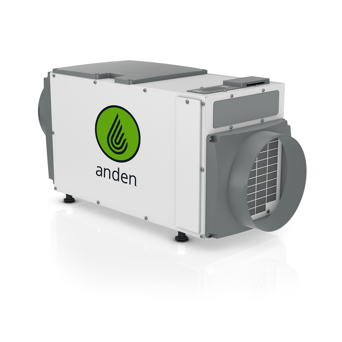 White and gray Anden A100 100-pint/day commercial dehumidifier with green logo and air ducts.
