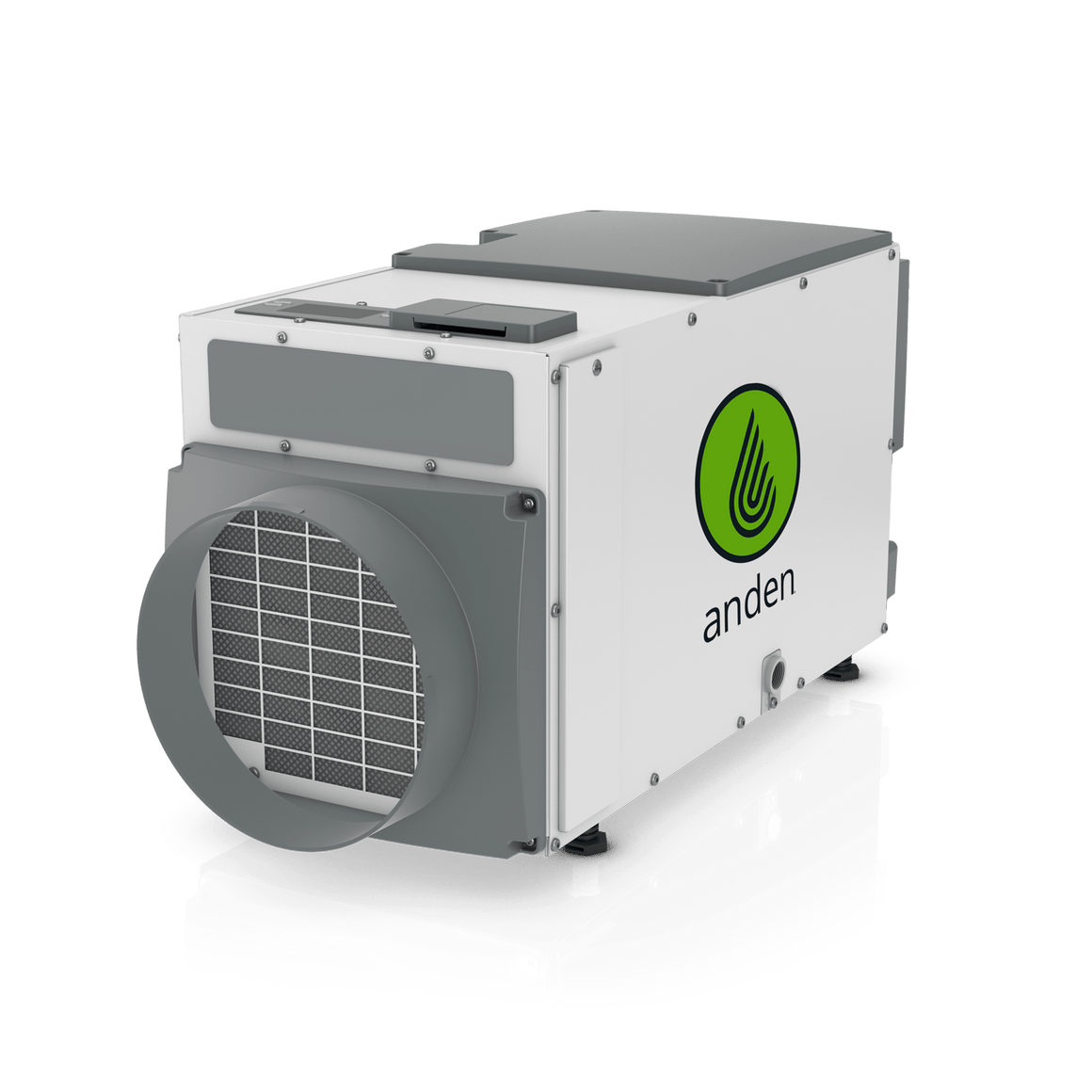 Anden white and gray commercial dehumidifier with a prominent green logo and large filtered front vent.