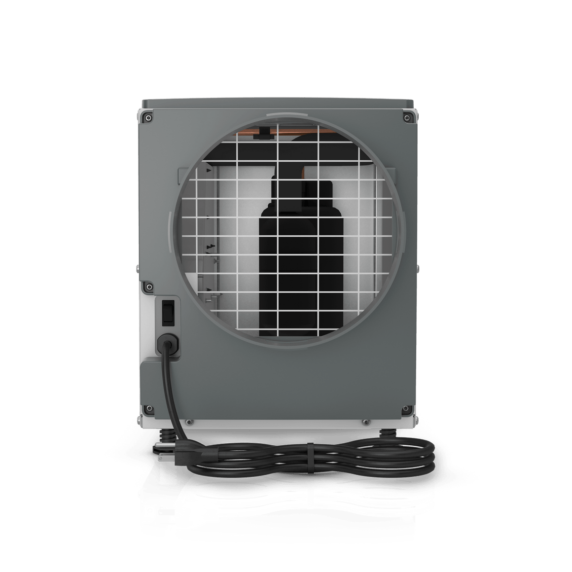 Anden A100 100-pint dehumidifier, grey unit with front fan grill, power switch, and coiled power cord.