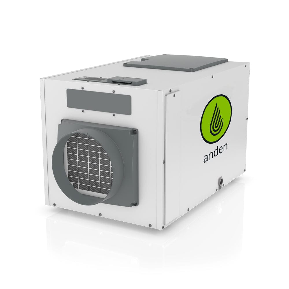 White Anden A130 dehumidifier with a gray circular front vent, control panel, and green Anden logo.