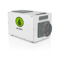 Anden A130 dehumidifier: white appliance with gray top, circular vent, and green 