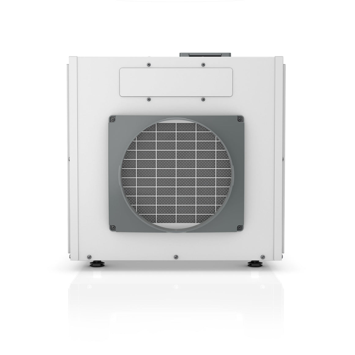 Front view of a white rectangular dehumidifier unit with a prominent grey circular fan grille.