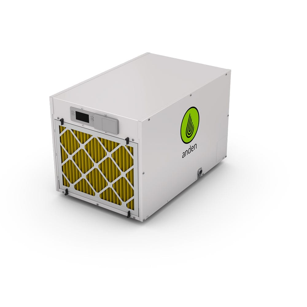 White Anden A210V1 dehumidifier with a visible yellow pleated air filter and "Anden" logo on the side.