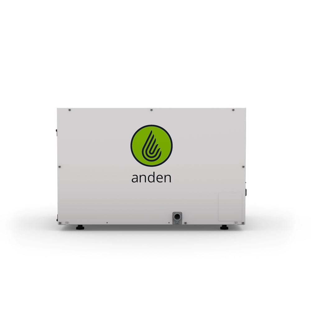 Anden A210V1 dehumidifier, white rectangular unit with green Anden logo on the front, studio shot.