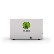 Anden A210V1 dehumidifier, white rectangular unit with green Anden logo on the front, studio shot.