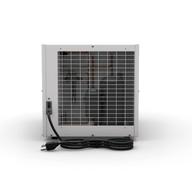 White rectangular dehumidifier, front-facing, showing internal copper pipes and machinery through a grid, with a coiled power cord.