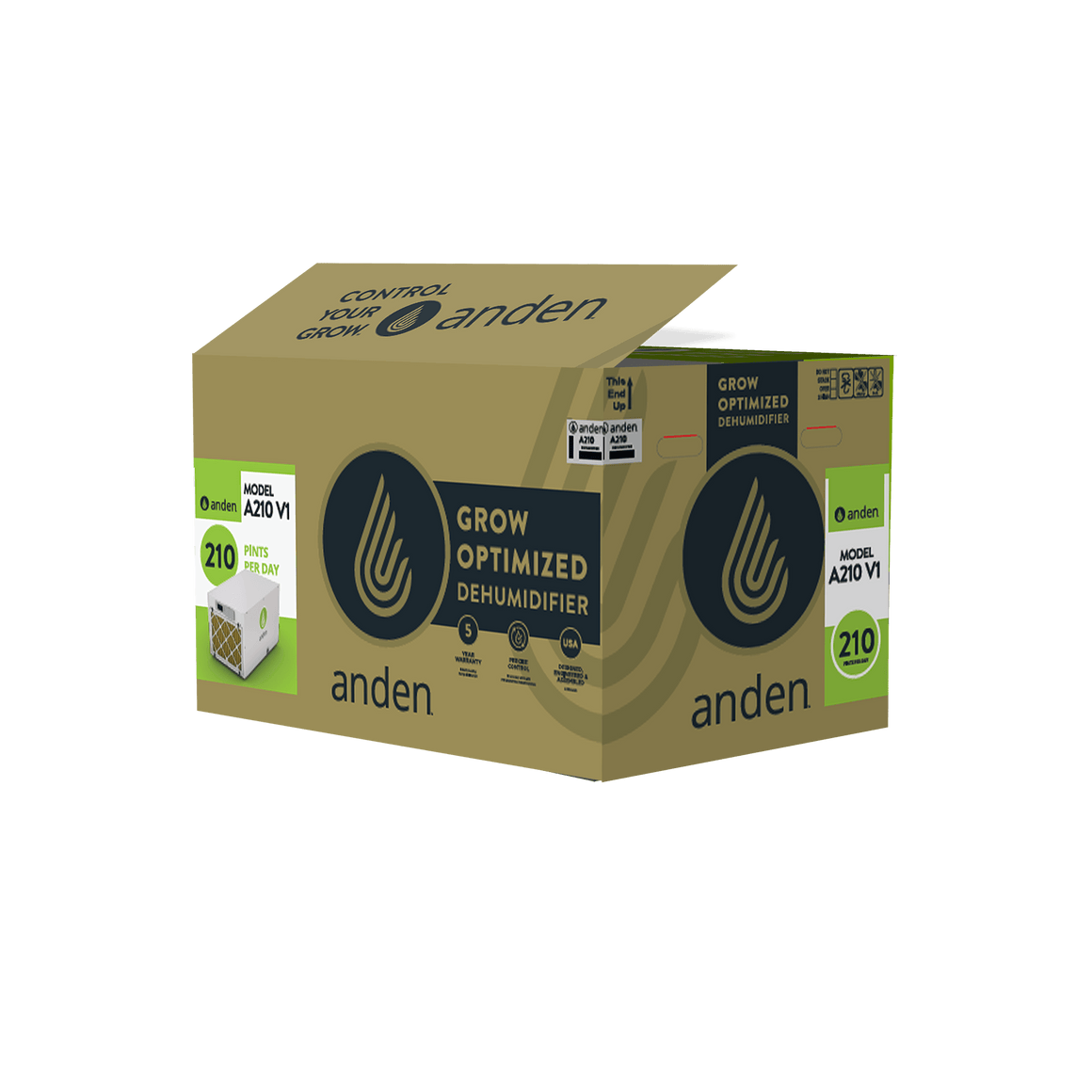 Anden A210 V1 Grow Optimized Dehumidifier box, 210 Pints Per Day capacity, with branding and product features.