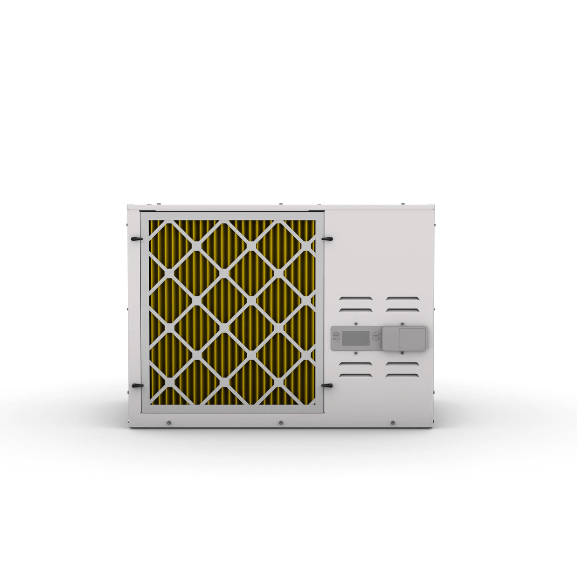 Anden A320v3 dehumidifier (320 pints/day) with yellow pleated filter and digital controls on a white casing.