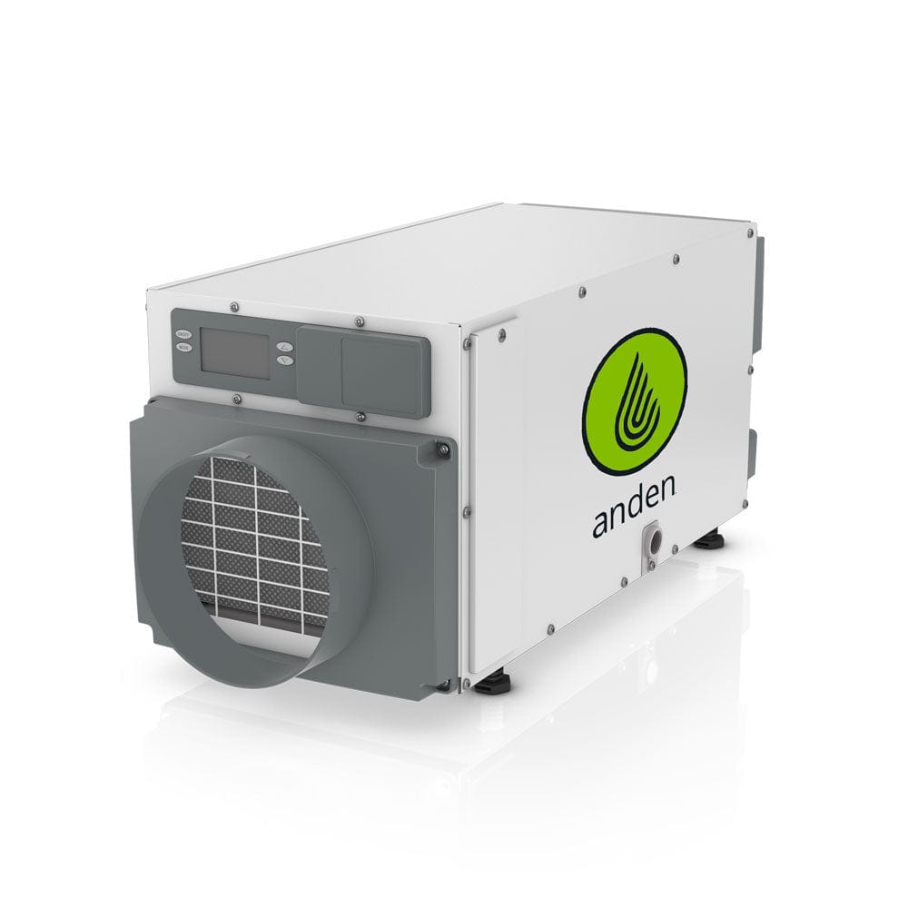 White and grey Anden A70 dehumidifier with front air grille, control panel, and green Anden logo.