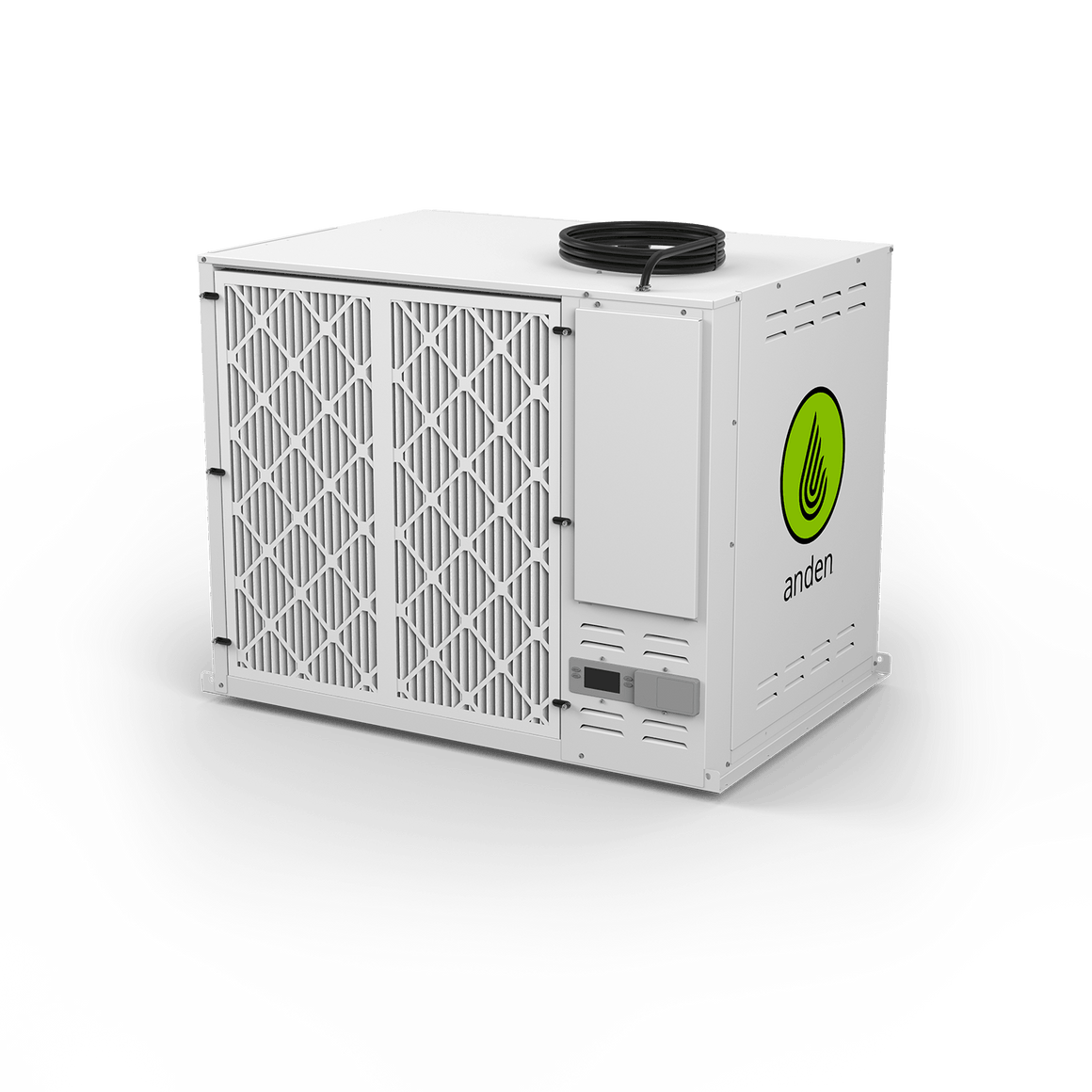 White Anden A710V1 dehumidifier unit with large front air filters, side digital controls, and a green Anden logo.