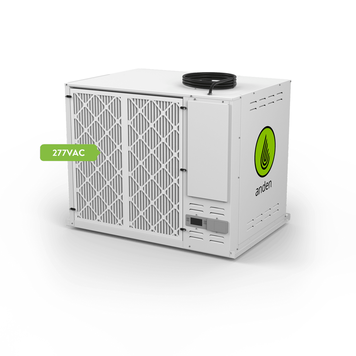 White Anden A710V3 277VAC industrial dehumidifier, 710 PPD, with front filters, digital display, and Anden logo.