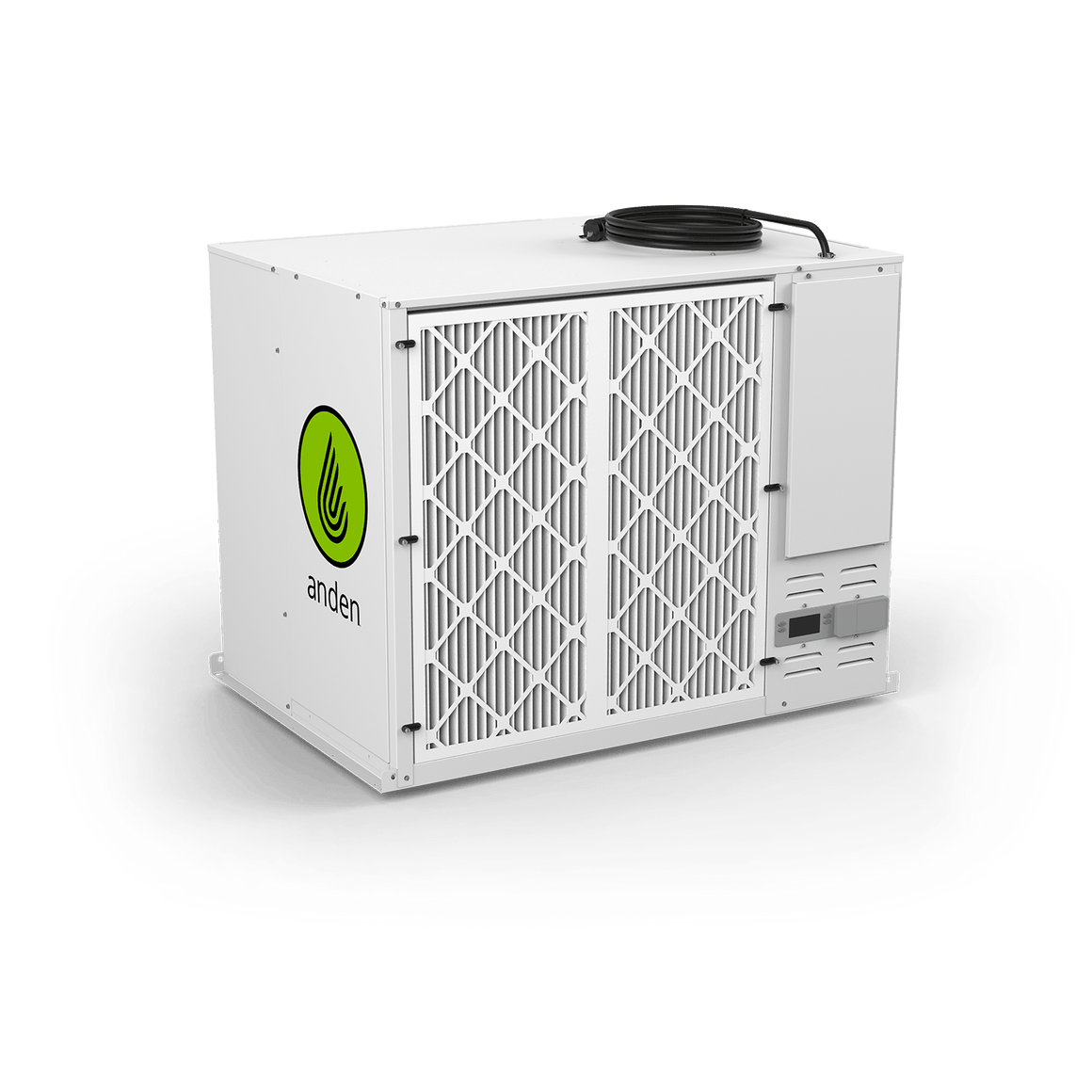 White Anden A710V3 dehumidifier with prominent front air filters, digital display, and coiled power cord.