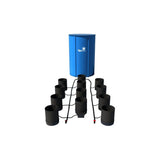 Hydroponic grow system with a blue Flexi Tank and 12 black pots connected by irrigation lines.