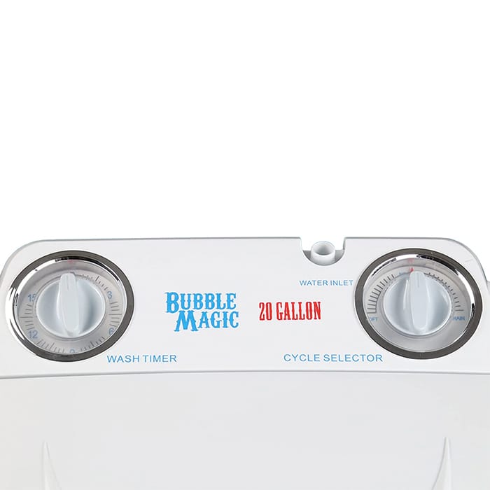 White Bubble Magic 20-gallon washing machine control panel with timers and cycle selector.