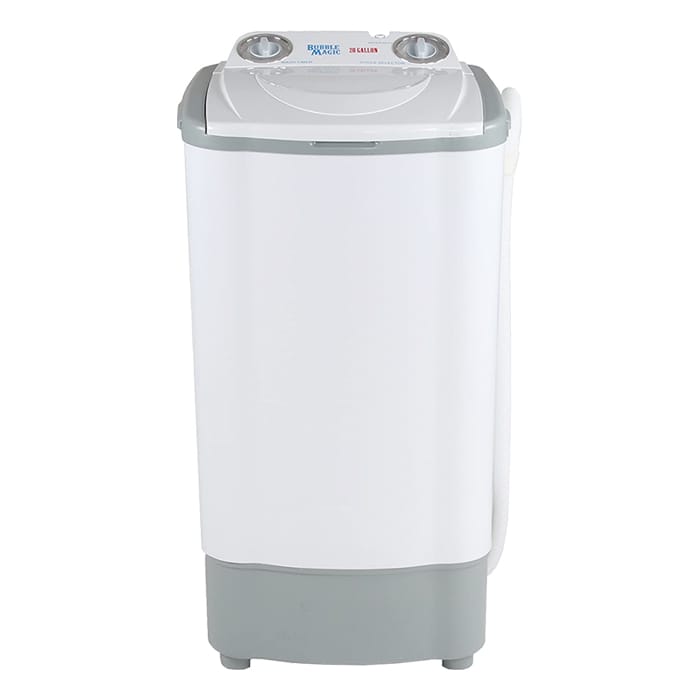 White and gray "Bubble Magic" 20-gallon portable washing machine with a round top and controls.