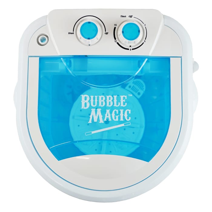 White and blue portable washing machine with "Bubble Magic" logo.
