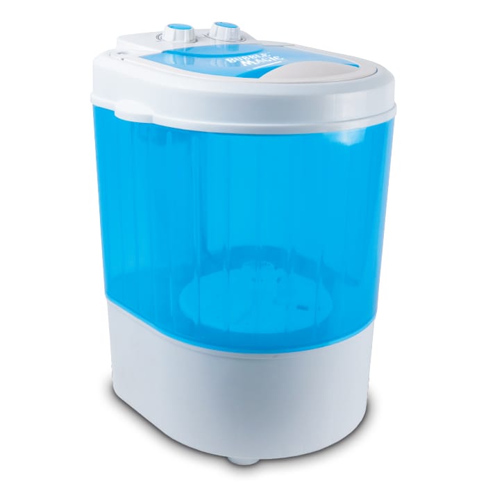 Blue and white portable washing machine with "Bubble Magic" text on top.