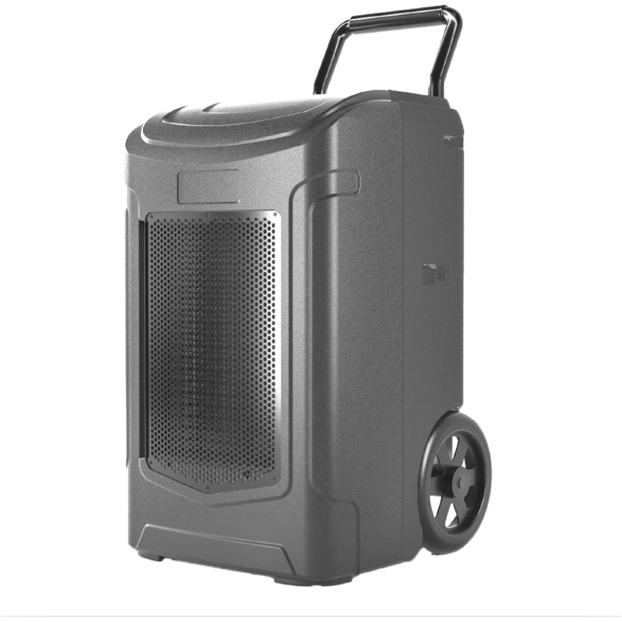 Dark gray portable dehumidifier with wheels, retractable handle, and front perforated grille for moisture removal.