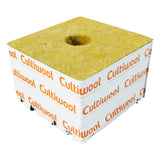 Yellow Cultiwool rockwool growing block with central planting hole, wrapped in white branded packaging.