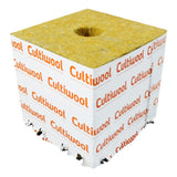 Yellow Cultiwool rockwool growing block with a center hole, used for hydroponic plant propagation.