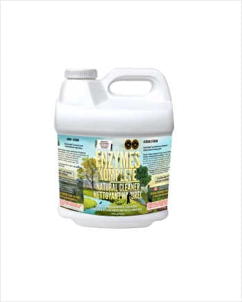 A white jug of Enzymes Komplete Natural Enzymatic Cleaner with a nature scene label.