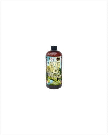 A brown bottle of "Enzymes Komplete Natural Enzymatic Cleaner" sits on a white background.