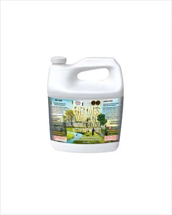 White gallon jug of Enzymes Komplete natural enzymatic cleaner with a scenic nature label.
